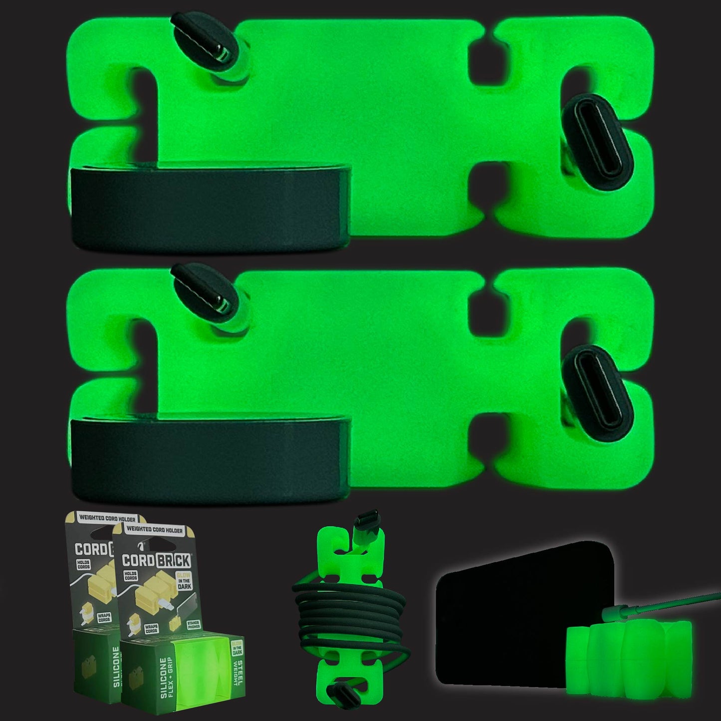 CordBrick GLOW MultiPacks - Glowing Weighted Cord Holder, Cable Wrap, Phone Accessory & Stocking Stuffer