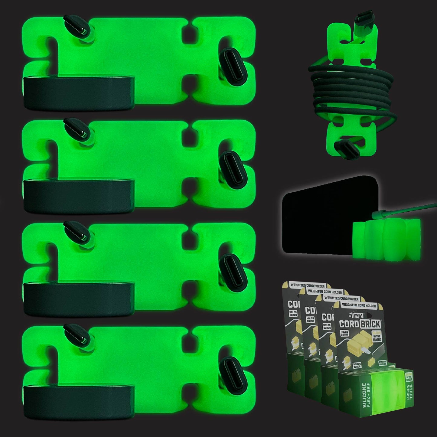 CordBrick GLOW MultiPacks - Glowing Weighted Cord Holder, Cable Wrap, Phone Accessory & Stocking Stuffer