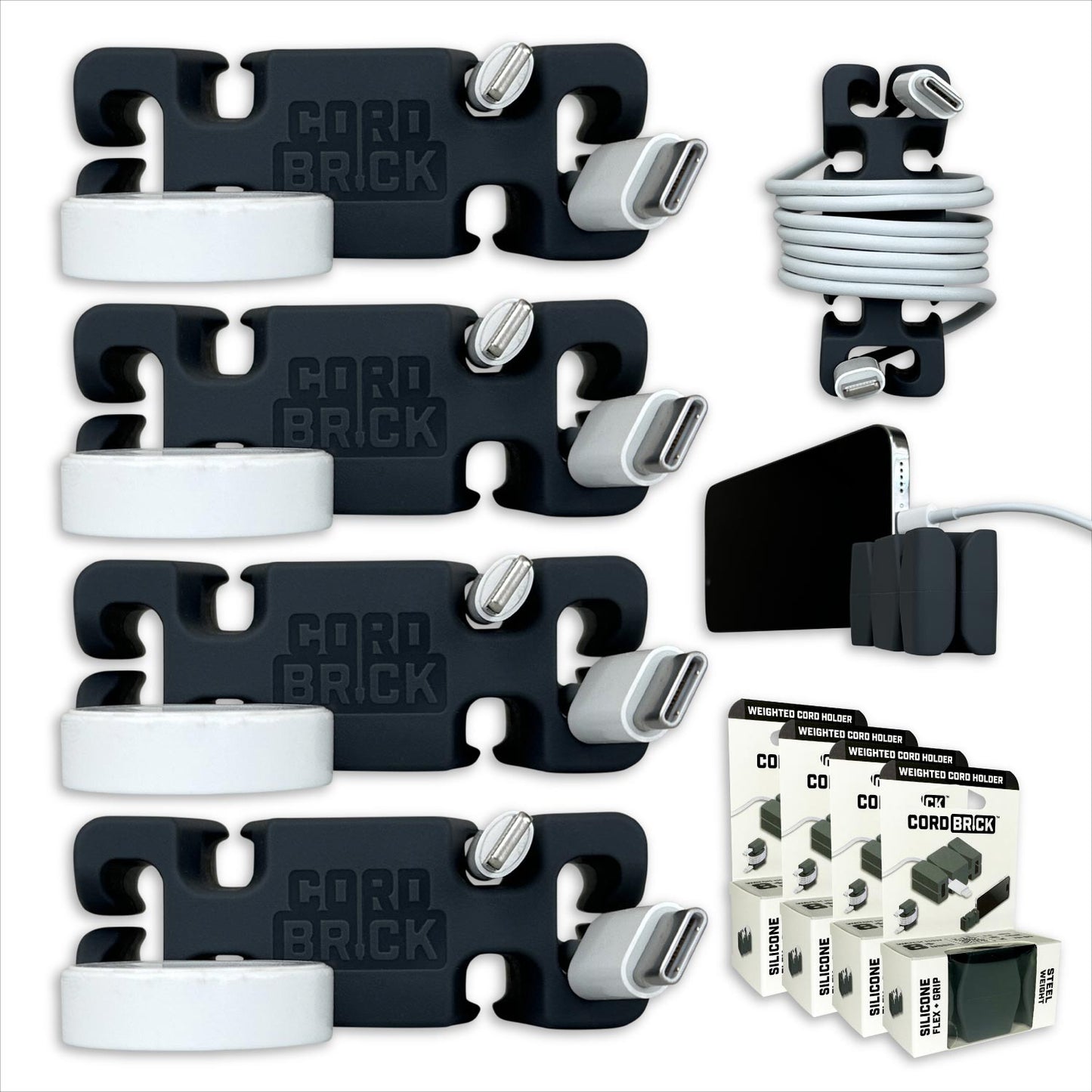 CordBrick® Weighted Cord Holder, Cable Management Device, Phone Accessory, Giftable Gadget v2.0