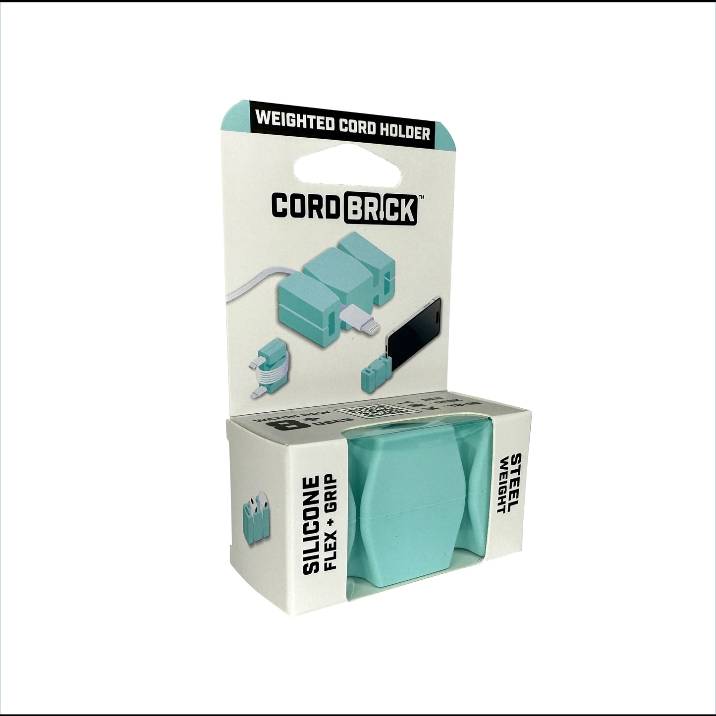 CordBrick in Bright Aqua color in its package - front view.