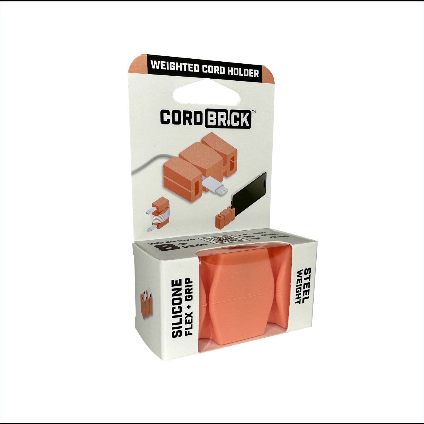 CordBrick in Living Coral color in its package - front view.
