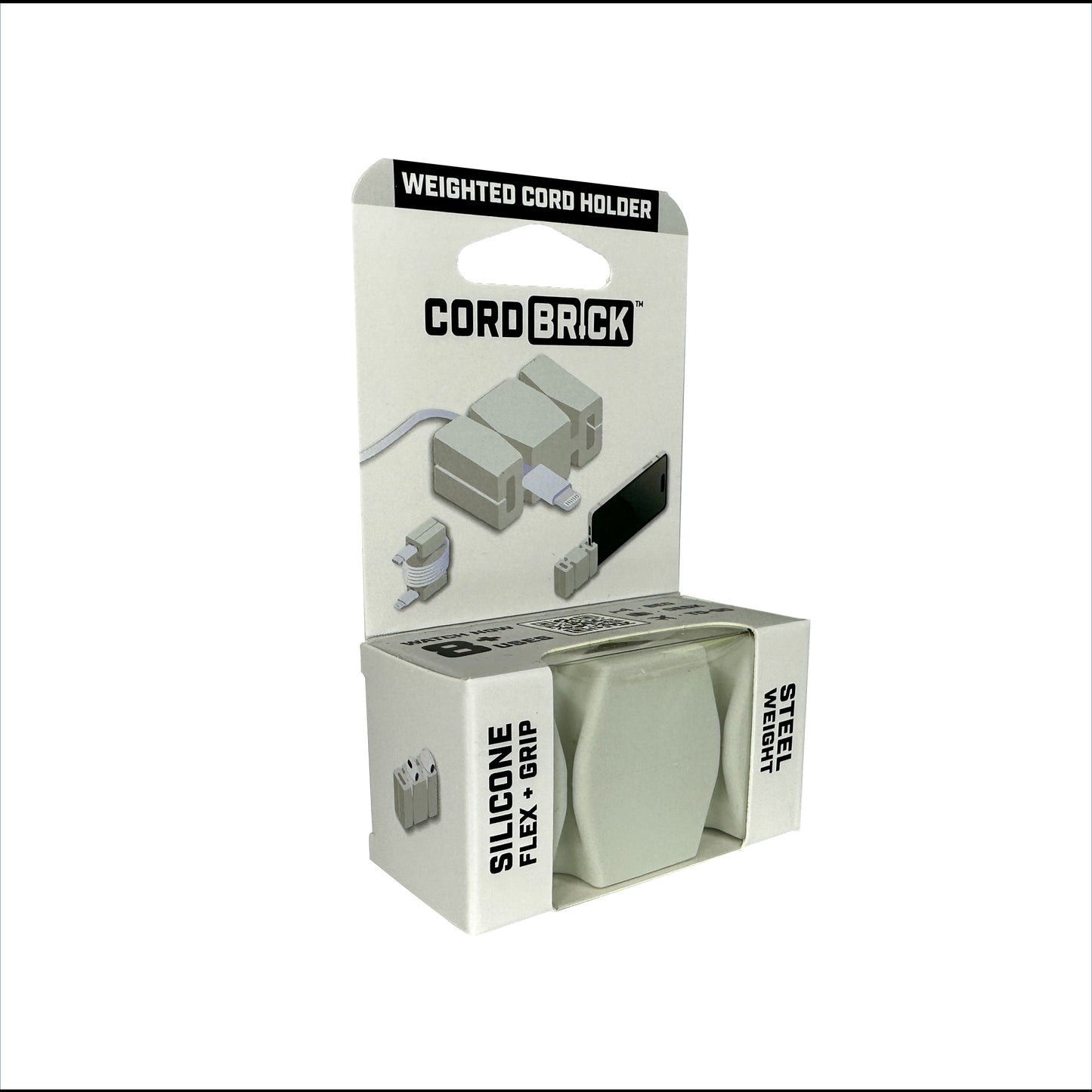CordBrick in Light Gray color in its package - front view.