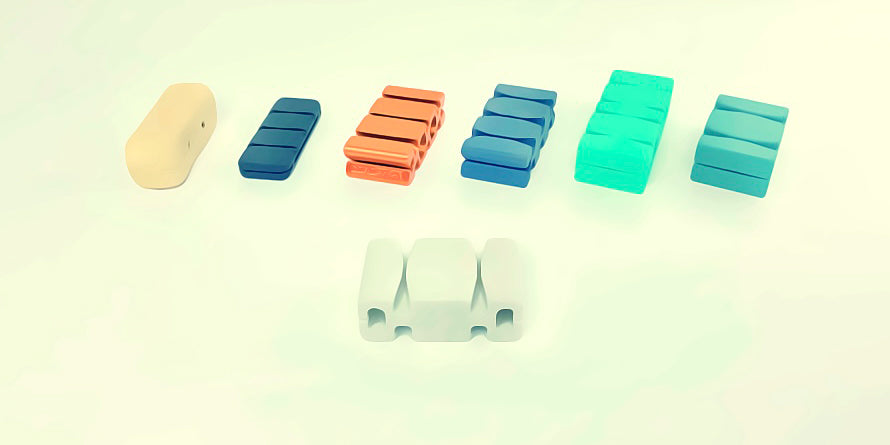 Evolution of development of CordBrick prototypes on an off white table