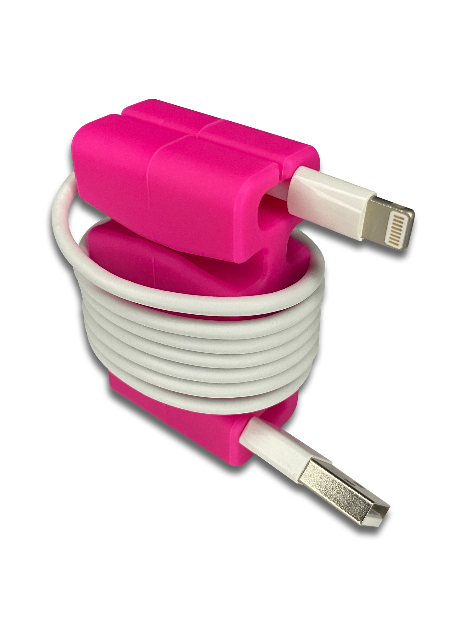 Pink CordBrick securely wrapping one Apple iPhone cord around it for travel or storage.