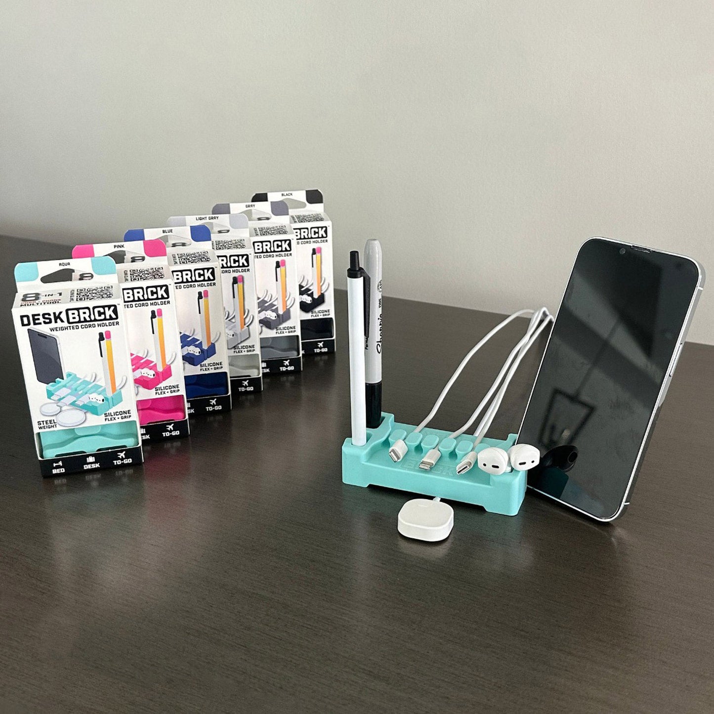 DeskBrick™ Weighted Cord & Desk Organizer, Holder for Phone and Pens