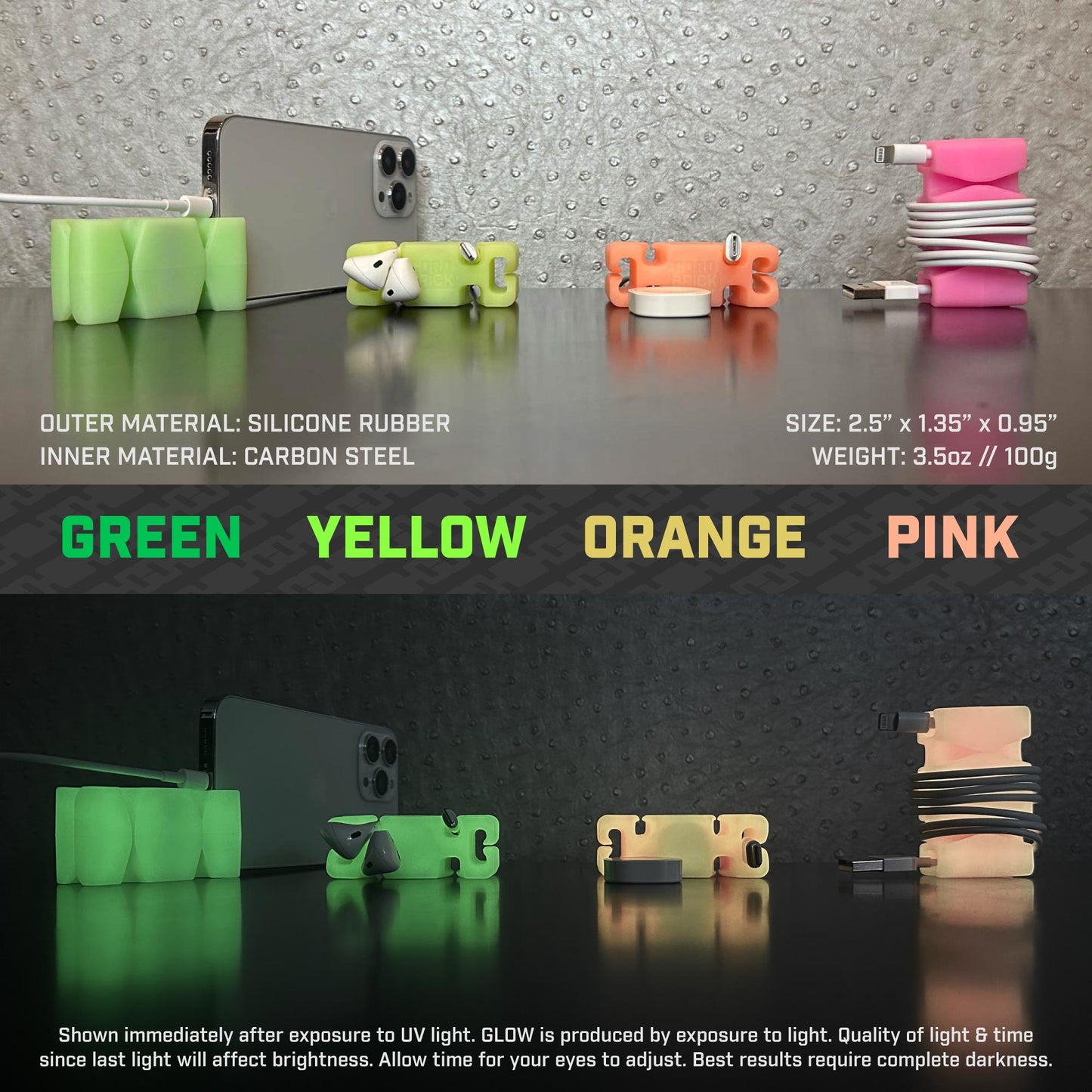 GlowBrick - Weighted Silicone Cord Holder for Nightstand. Traveling Cable Wrap, Phone Accessory, Stocking Stuffer