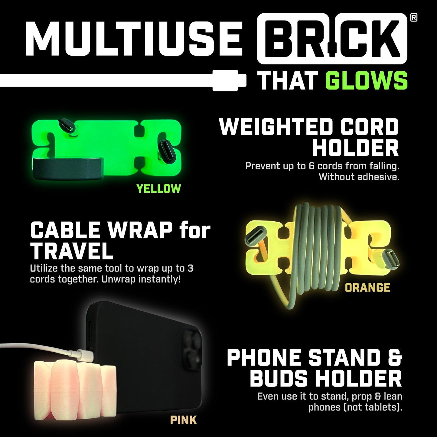 GlowBrick - Weighted Silicone Cord Holder for Nightstand. Traveling Cable Wrap, Phone Accessory, Stocking Stuffer