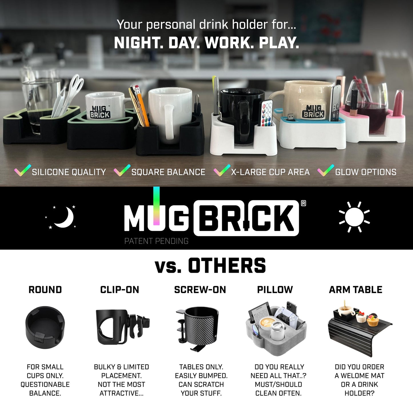 MugBrick™ Silicone Mug/Drink Holder & Desk Organizer. For Bed, Couch, Office, Car