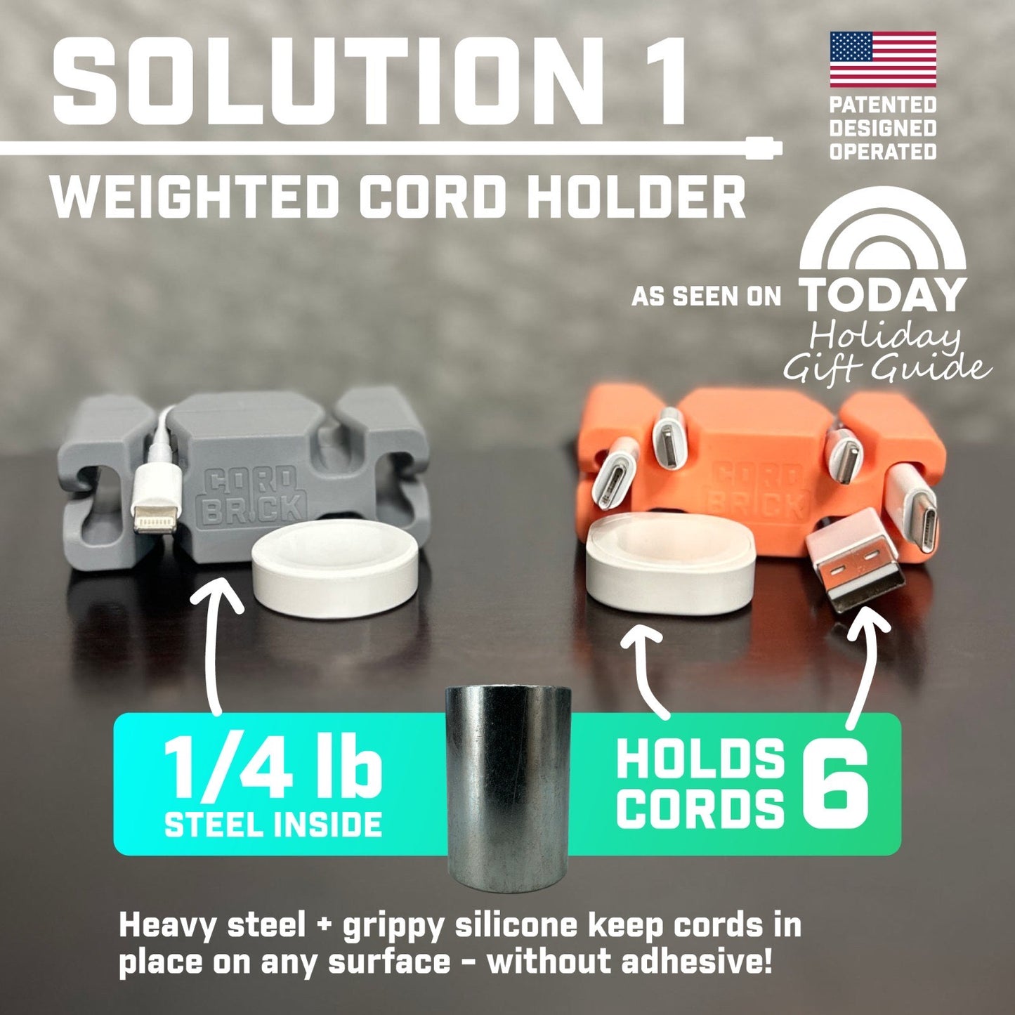 CordBrick Stocking Stuffers for Adults Cord Management Weighted Cord Holder Cable Wrap Phone Stand - Multiuse Gadget Organizer for Nightstand, Desk. Gift for Men, Durable Silicone.