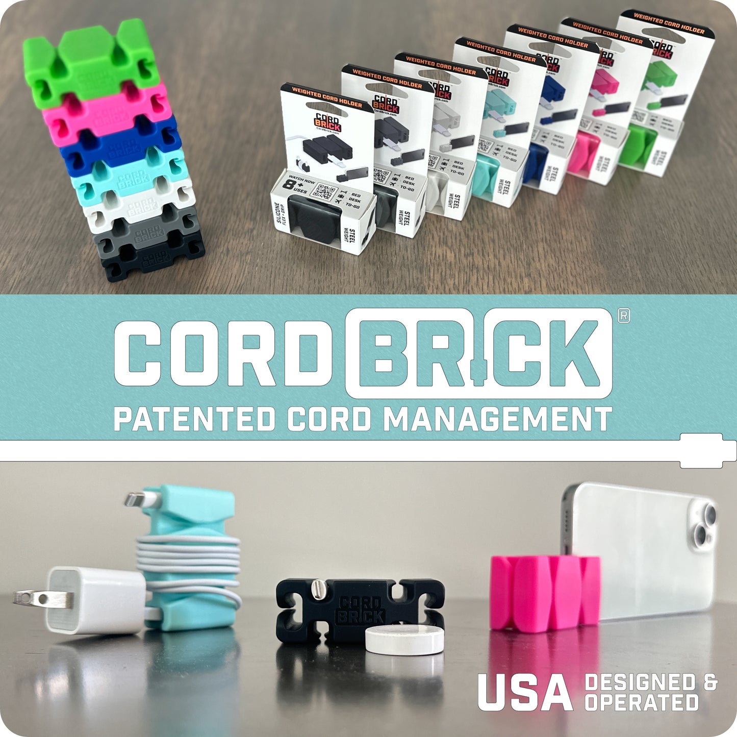 CordBrick® Patented Cord Solution & Phone Accessory - Weighted Cord Holder & Travel Cable Wrap