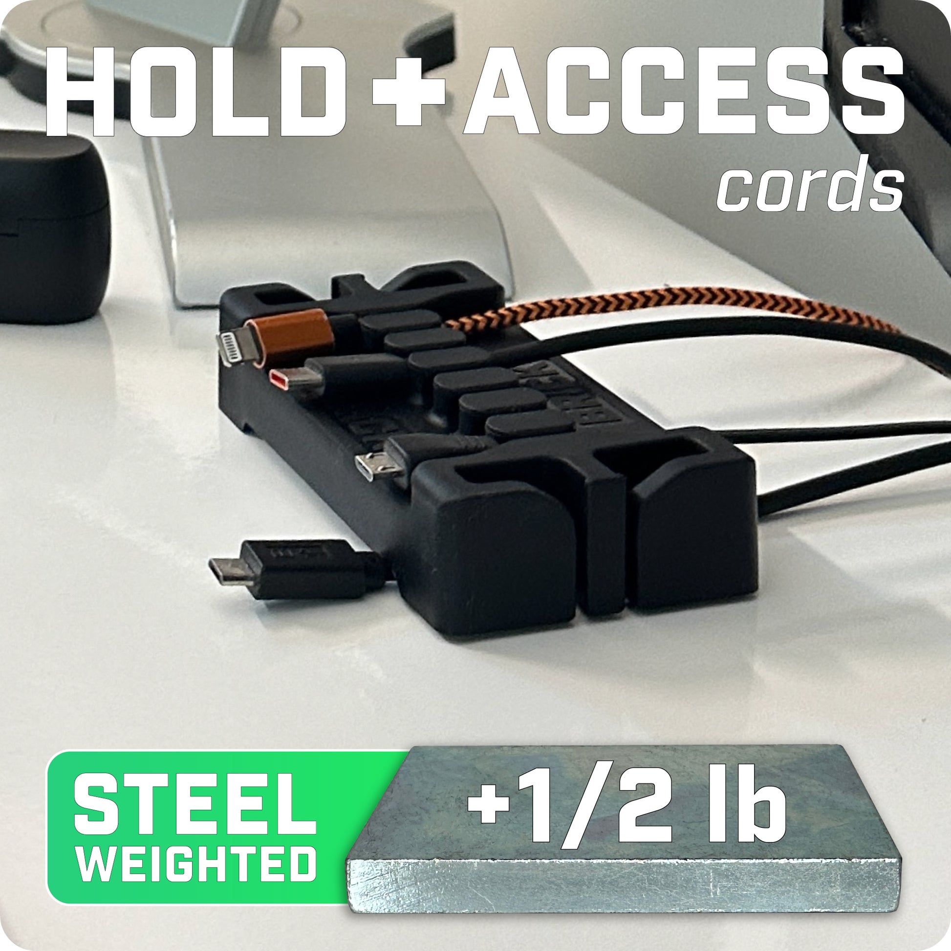 hold and access cords steel weighted over 1/2 lb deskbrick cord holder on white desktop