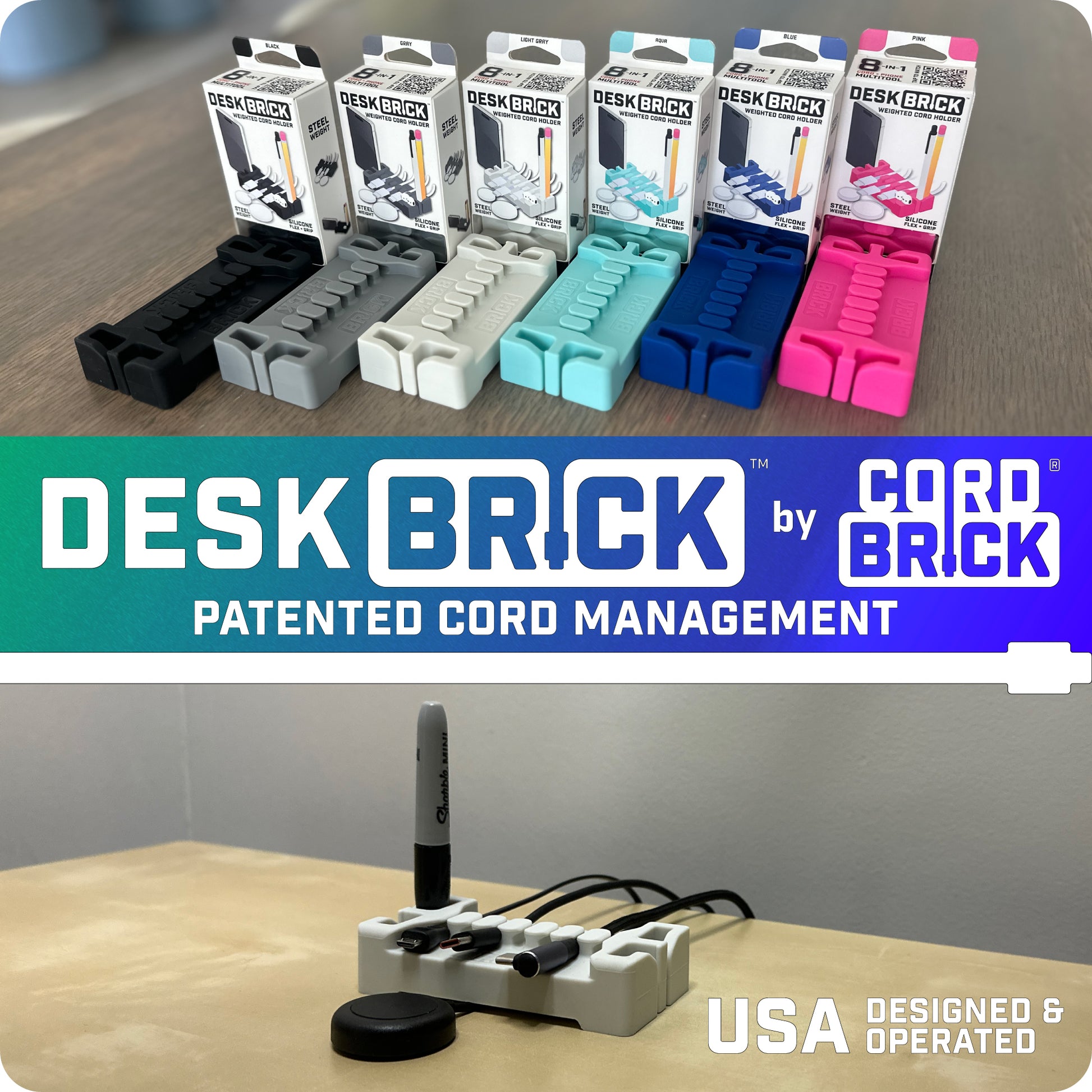 deskbrick in color coated boxes patented cord management usa designed and operated