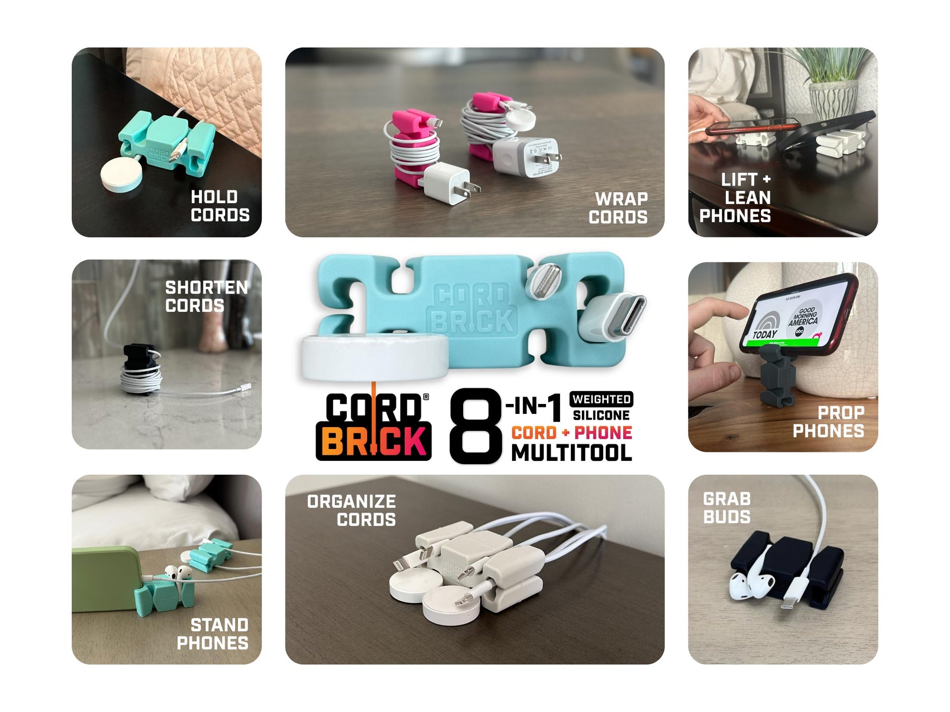 Load video: CordBrick Nightstand Cord Holder, Travel Cable Wrap and Phone Accessory.