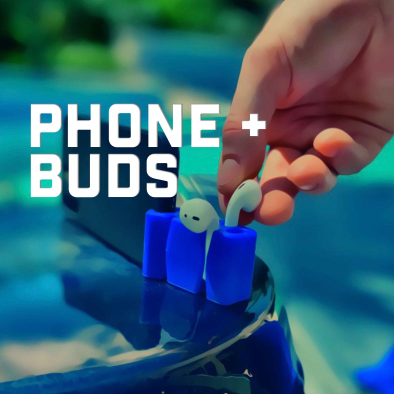 Phone + Buds (in text) a blue CordBrick stands a phone and grabs Airpods as a hand removes one Airpod, poolside.