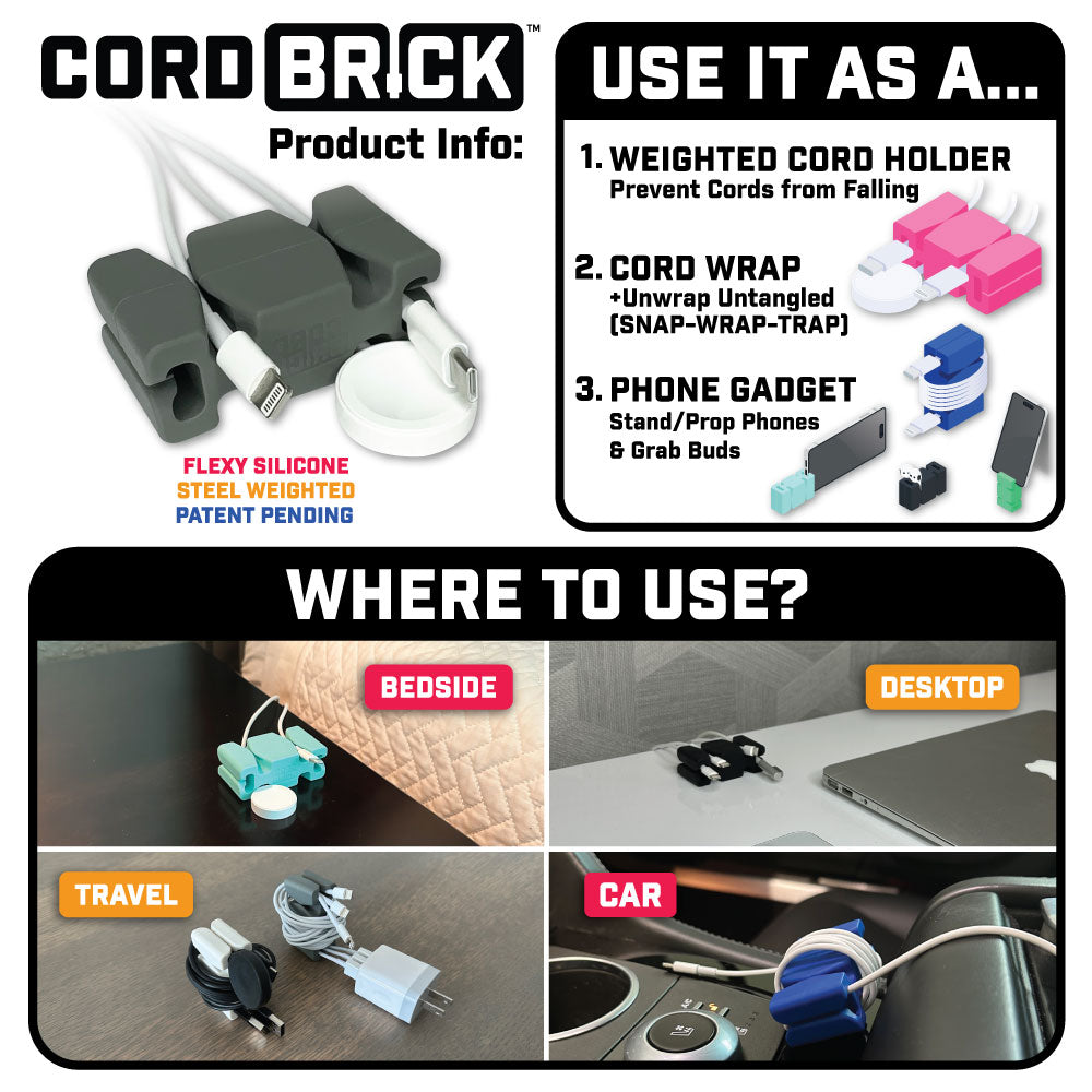 CordBrick weighted cord holder, cord wrap, phone accessory; used on a nightstand, desktop, car, or traveling