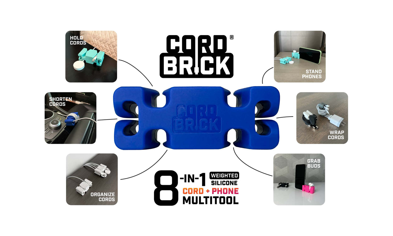 CordBrick 8 Uses Spiderweb - hold cords, shorten cords, organize cords, stand phones, wrap cords, grab buds.