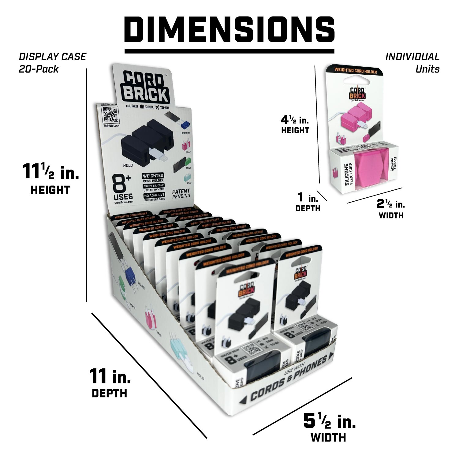 CordBrick Dimensions in Box with full 20-Pack case dimensions