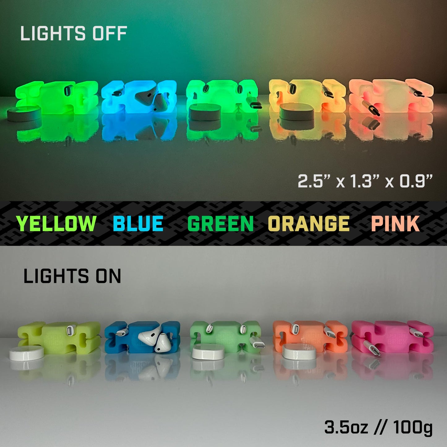GlowBrick - Weighted Silicone Cord Holder for Nightstand. Traveling Cable Wrap, Phone Accessory, Stocking Stuffer
