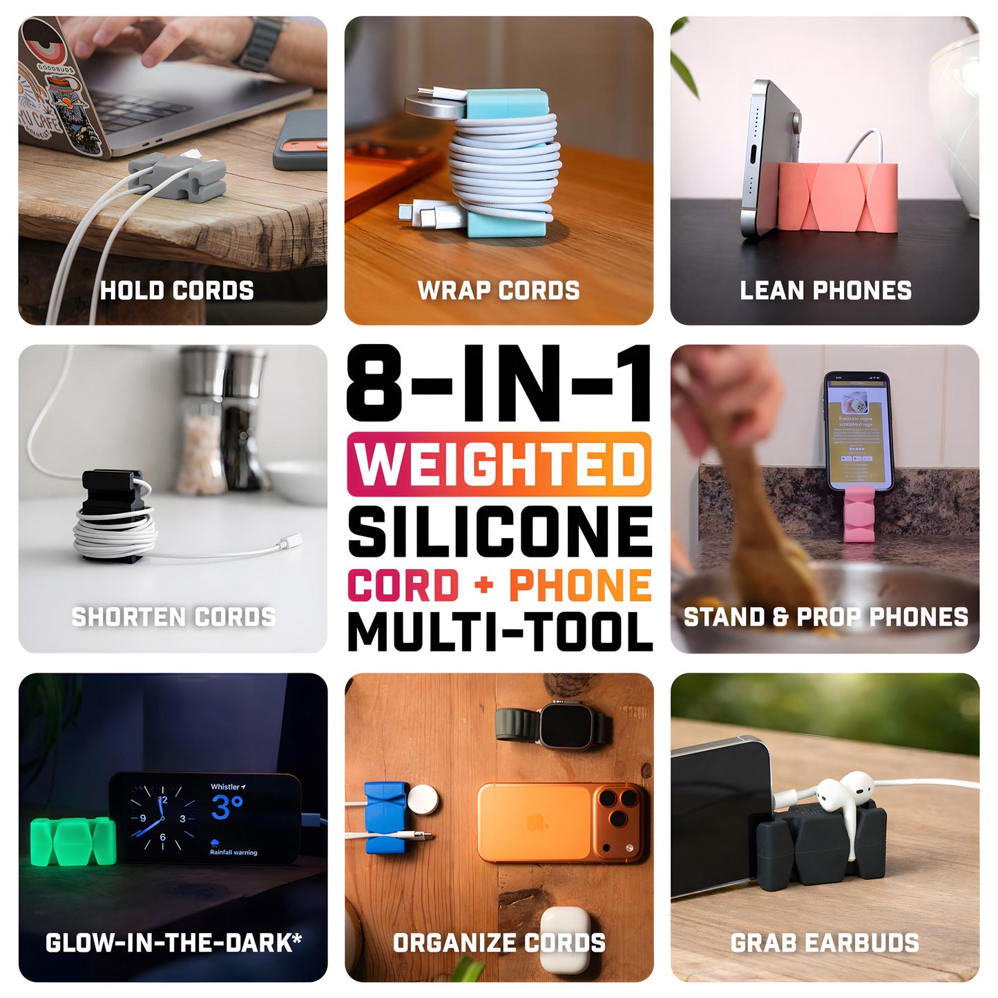 GlowBrick™ - Weighted Silicone Cord Holder for Nightstand. Traveling Cable Wrap, Phone Accessory, Stocking Stuffer