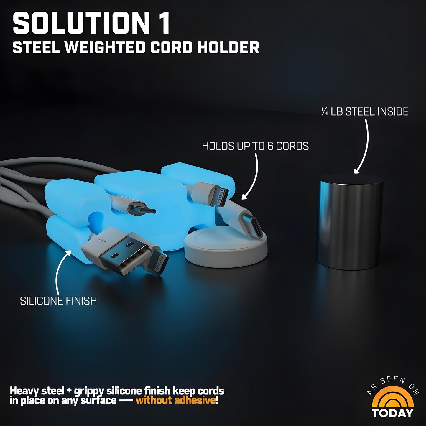 GlowBrick™ - Weighted Silicone Cord Holder for Nightstand. Traveling Cable Wrap, Phone Accessory, Stocking Stuffer