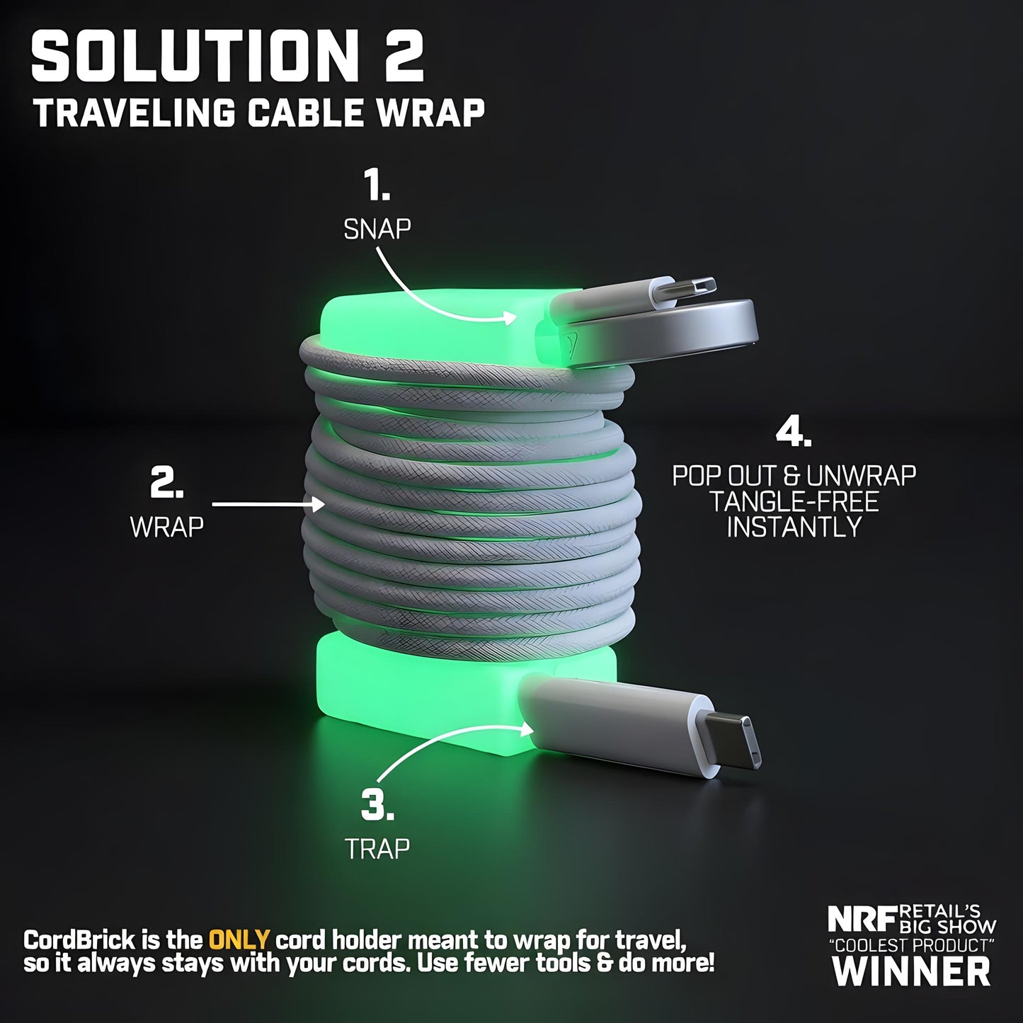 GlowBrick™ - Weighted Silicone Cord Holder for Nightstand. Traveling Cable Wrap, Phone Accessory, Stocking Stuffer