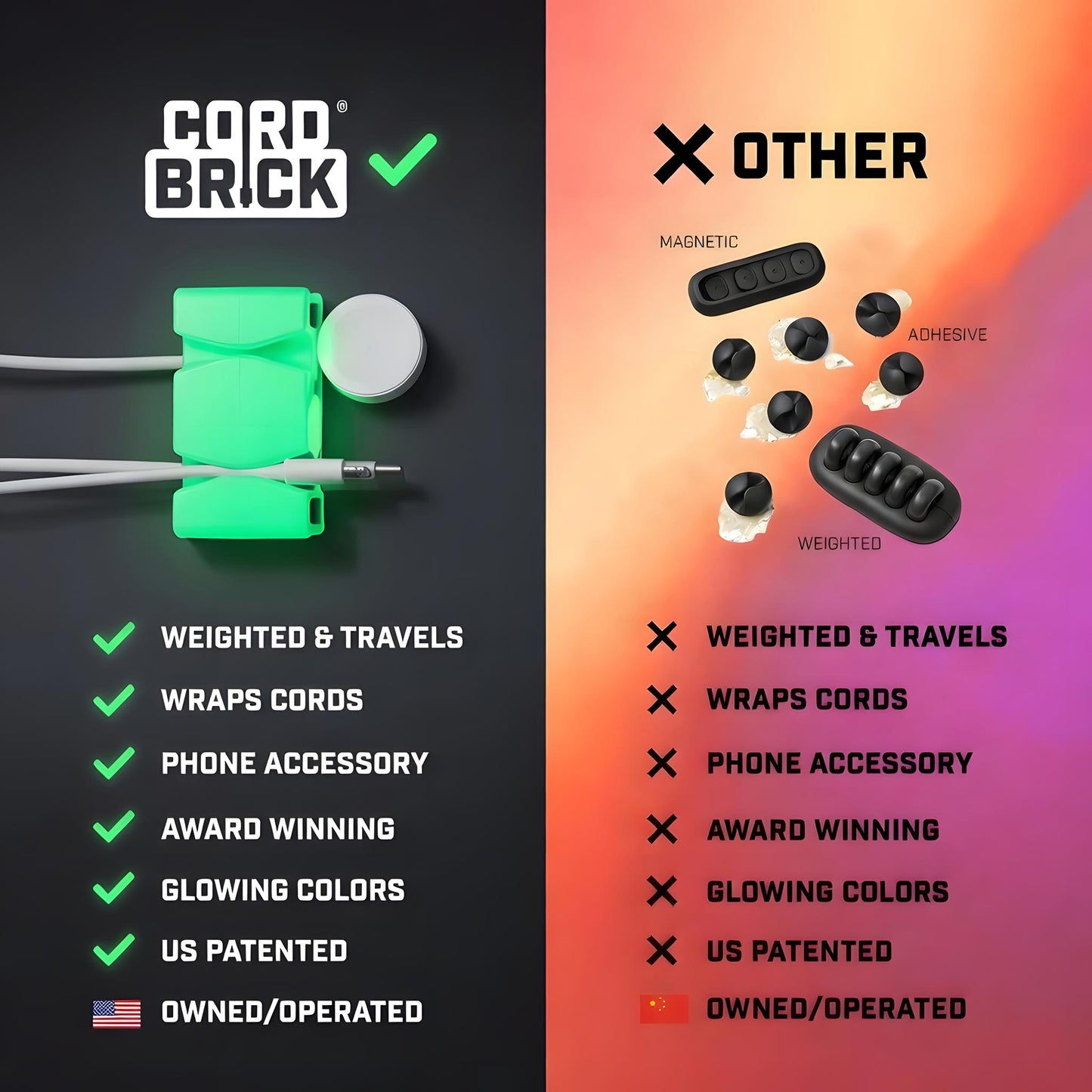 GlowBrick™ - Weighted Silicone Cord Holder for Nightstand. Traveling Cable Wrap, Phone Accessory, Stocking Stuffer