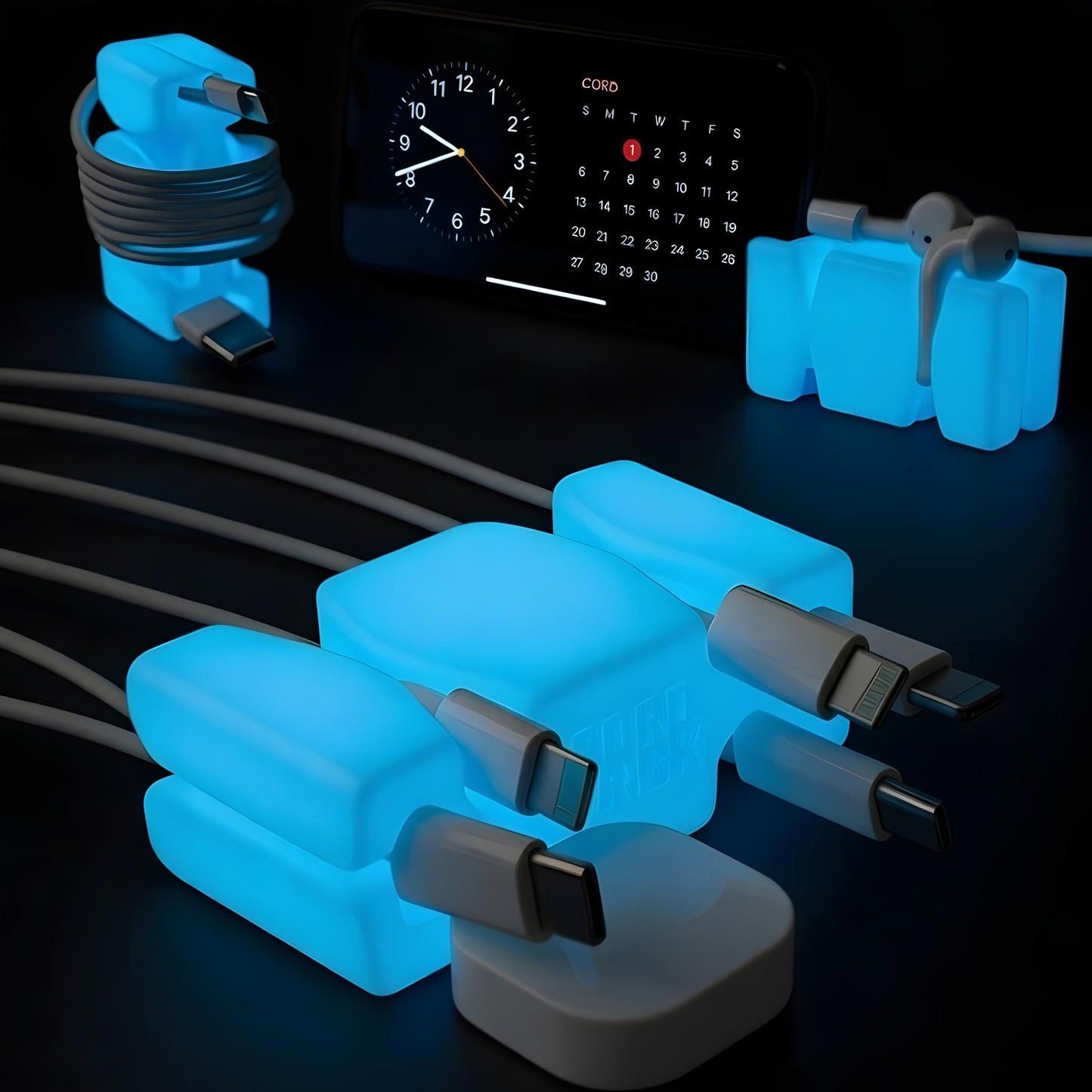 GlowBrick™ - Weighted Silicone Cord Holder for Nightstand. Traveling Cable Wrap, Phone Accessory, Stocking Stuffer