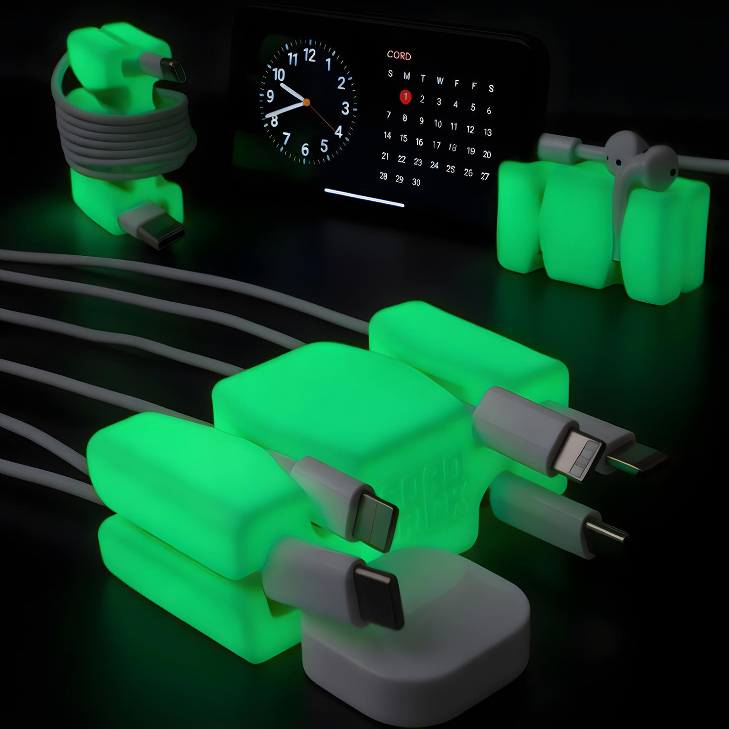 GlowBrick™ - Weighted Silicone Cord Holder for Nightstand. Traveling Cable Wrap, Phone Accessory, Stocking Stuffer