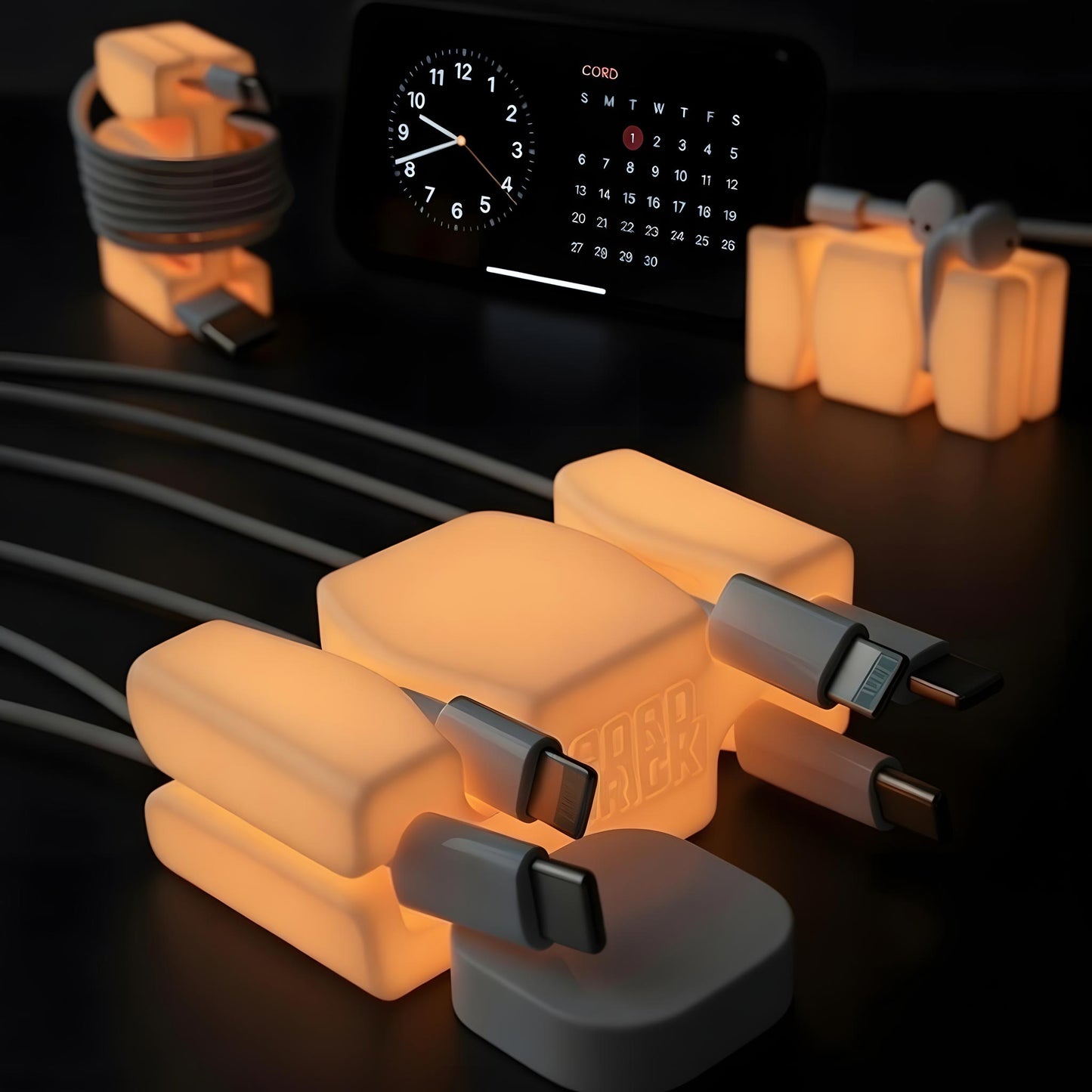 GlowBrick™ - Weighted Silicone Cord Holder for Nightstand. Traveling Cable Wrap, Phone Accessory, Stocking Stuffer