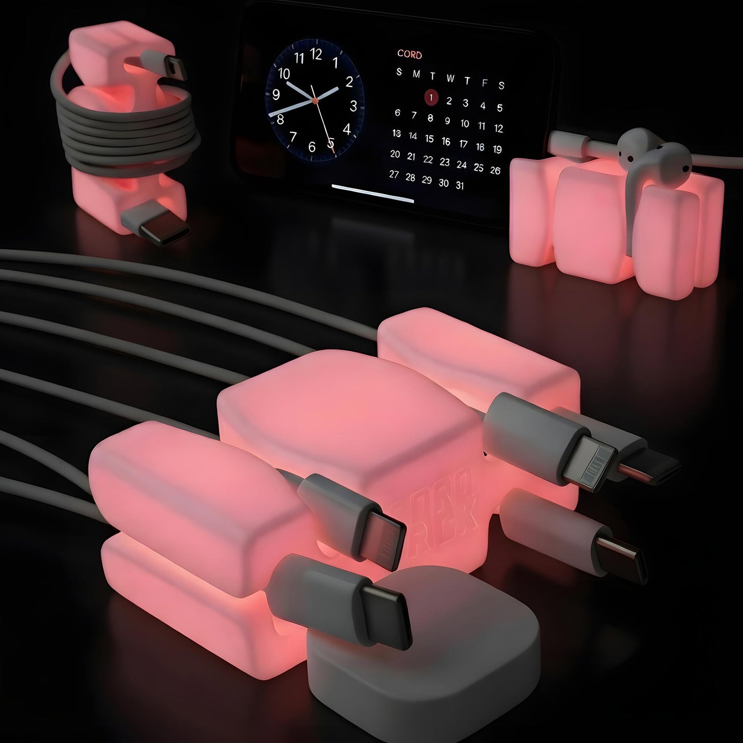GlowBrick™ - Weighted Silicone Cord Holder for Nightstand. Traveling Cable Wrap, Phone Accessory, Stocking Stuffer
