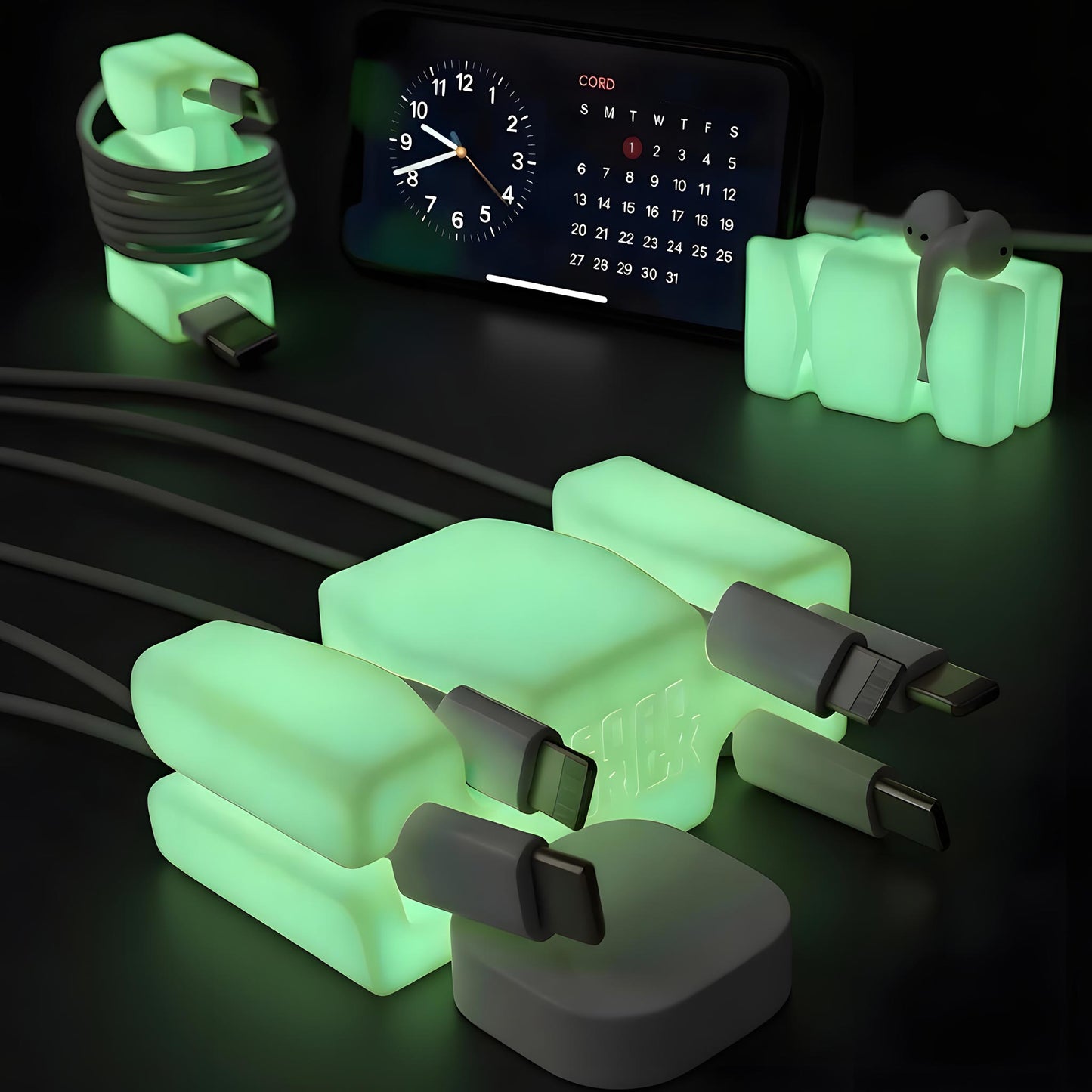 GlowBrick™ - Weighted Silicone Cord Holder for Nightstand. Traveling Cable Wrap, Phone Accessory, Stocking Stuffer