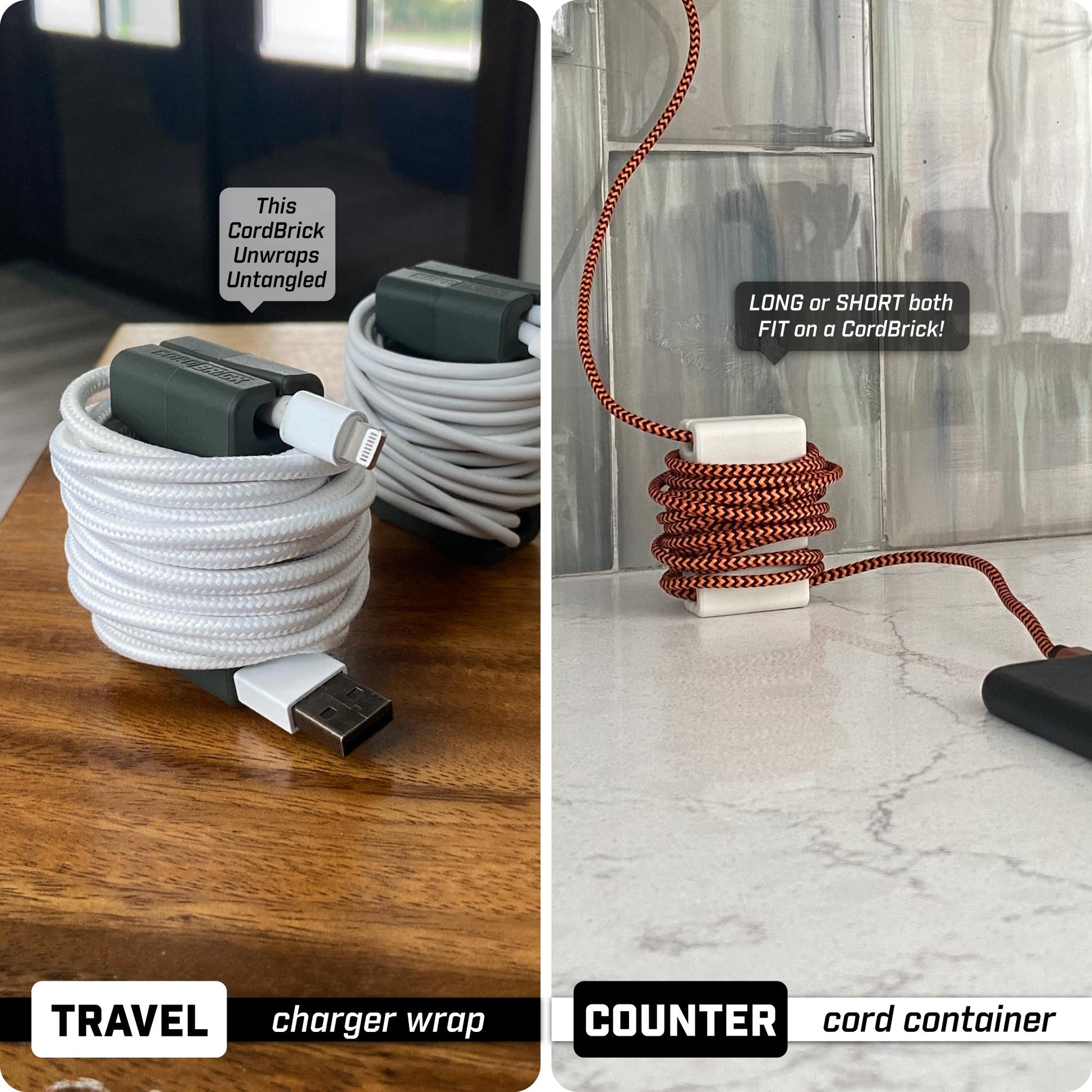 CordBrick Wrapping Multiple Cords for Travel and Shortening a Long Cord on a Countertop.