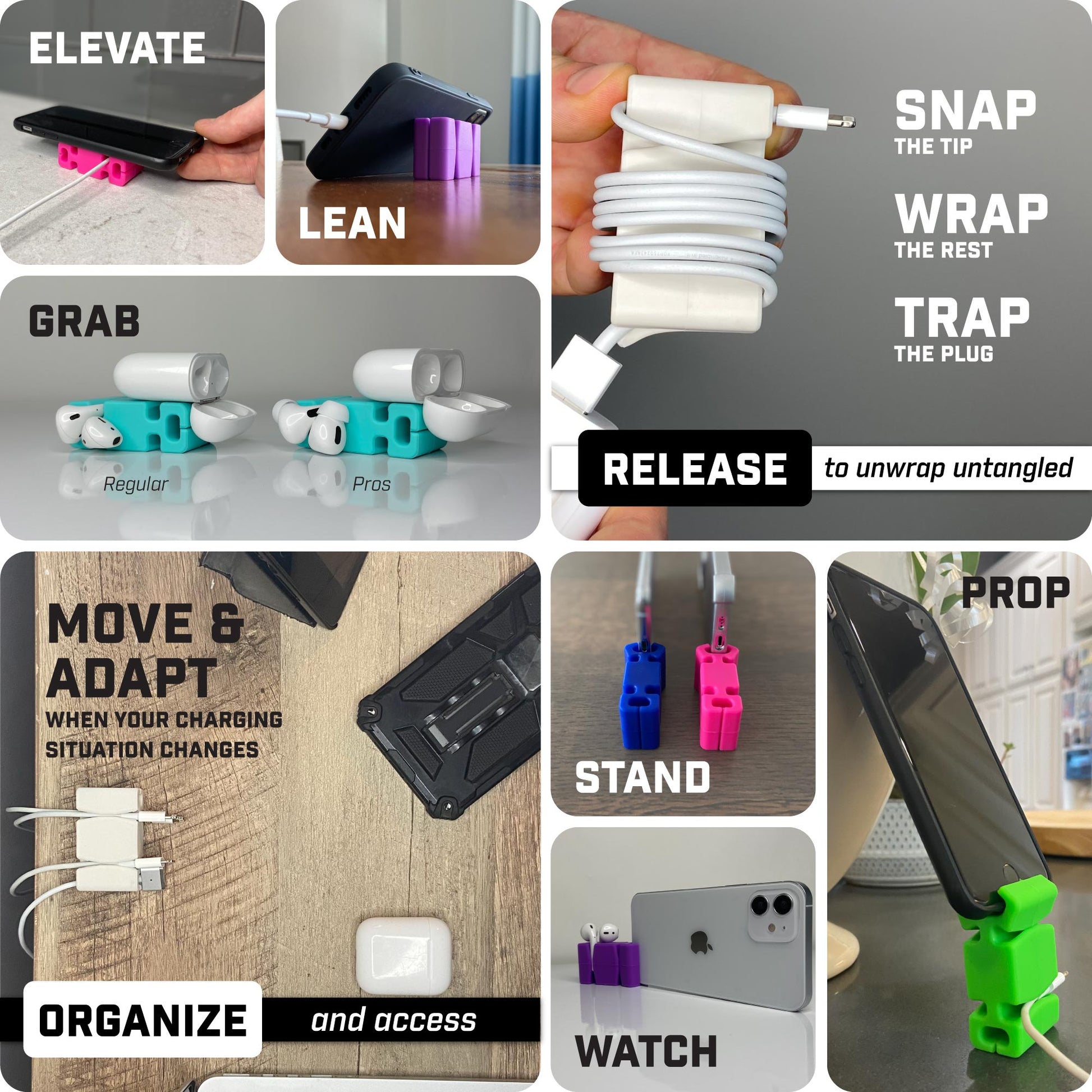 CordBrick's Uses as a Phone Accessory and AirPod Holder: it Elevates Phones for Lifting, Leans Phones, Stands and Props Phones, and can Grab AirPods & AirPods Pro. Snap, Wrap, Trap to Unwrap Untangled and Move & Adapt to Reorganize